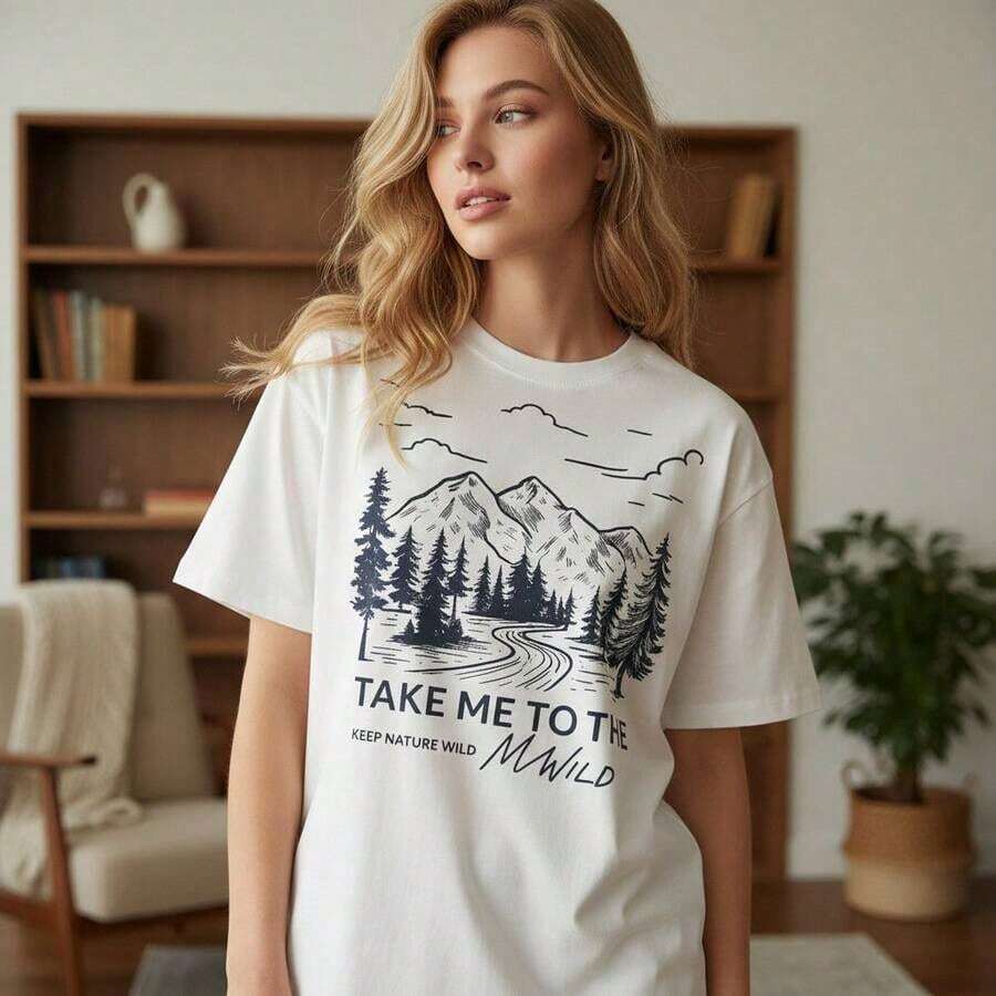 Women's Vintage Cotton T-Shirt With Graphic Print "Take Me To The Mountains", Short Sleeve, Round Neck, Casual Style, Nature Print, Loose Fit, Sizes S-5XL, Black And White Outdoor Landscape Design, Soft And Comfortable For Daily Wear. - 白色 - 查看 1