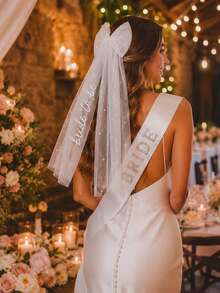2pcs/Set Bridal Veil & Sash Set, White Veil With "Bride" Letter & Pearl Decor, Suitable For Bridesmaid Party, Bridal Shower, Wedding Photography, Bridal Accessories, Wedding Party Decor, Robe Accessories, Wedding Entrance Decor. Suitable For Bachelorette Party, Bridal Shower Gift, Wedding Decor, Pre-Wedding Party And Wedding Photography. - White - View 6