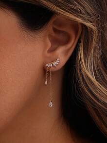 1 đôi bông tai dáng dài đính kim cương nhỏ nhắn, bông tai tua rua đính kim cương CZ, bông tai bạc Sterling, trang sức cưới, quà tặng cho phù dâu, quà Giáng sinh. - Vàng - Xem 9