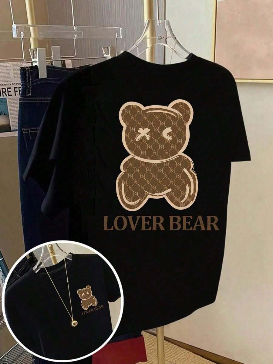 Camiseta de manga corta de talla grande para mujer - Camiseta básica casual de corte holgado, elegantes tops de poliéster, camiseta de manga corta con estampado frontal y trasero - LOVER BEAR, estampado de pareja de osos - Camiseta estampada de primavera/verano para mujer, artículo de moda transpirable y cómodo. - Negro - Ver 1