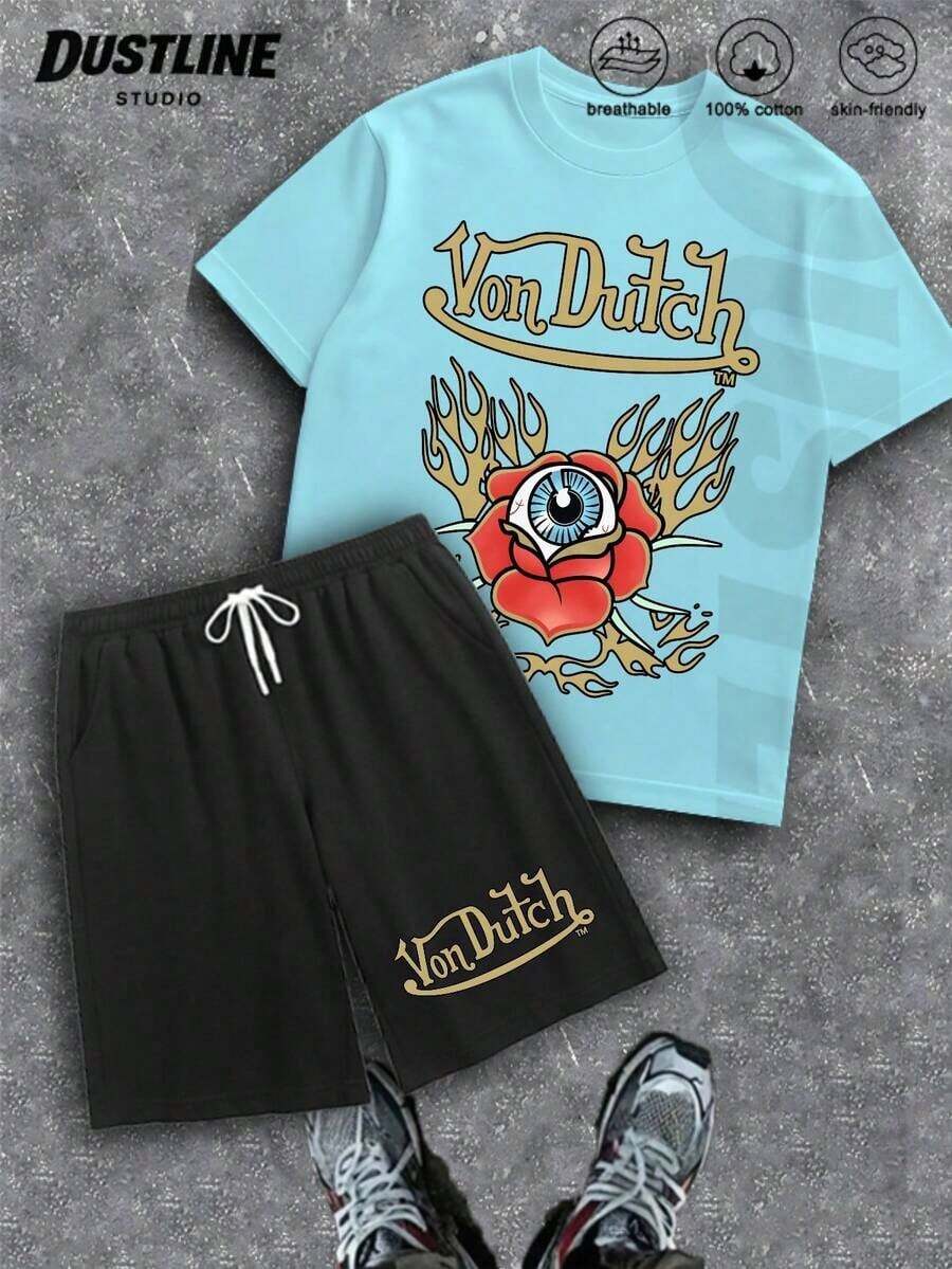 [Free Shipping]Mens Creative T Shirt And Shorts Set American Vintage Full Print Street Wear Essential T Shirt Set Men Graphic T Shirt And Shorts Set With VonS DutchS Logo Eye And Flames Design For Casual Outfits - Style 2 - View 1