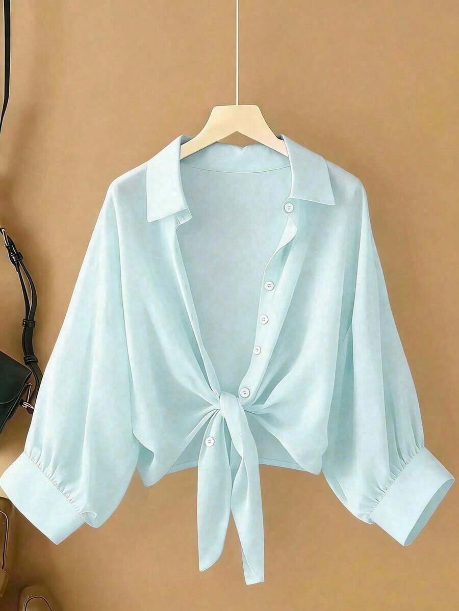 Nueva blusa informal de mujer de gasa de unicolor con mangas de murciélago cortas - Celeste - Ver 1