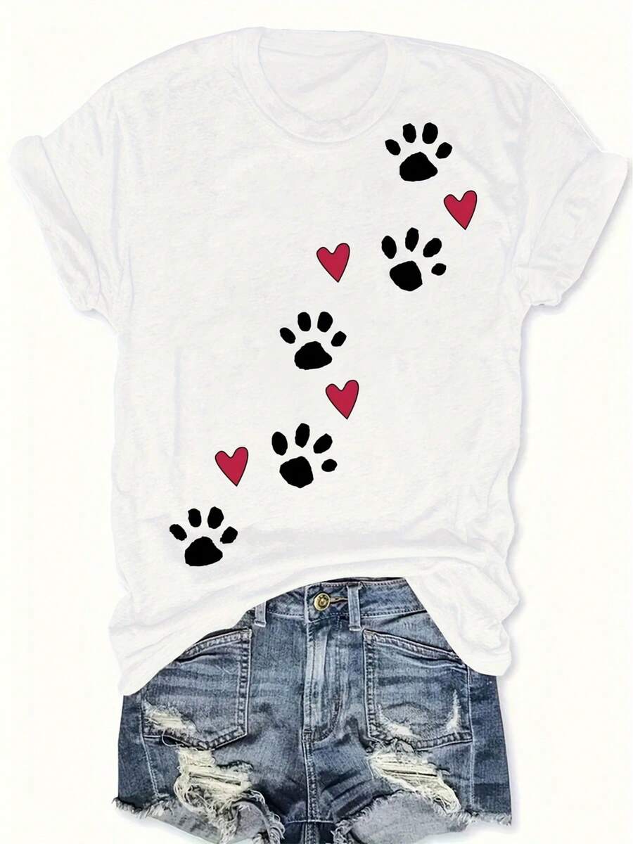 1 pieza de camiseta casual de mujer con cuello redondo, con estampados de patas y corazones, hecha de tejido de punto de poliéster, de longitud regular, top de verano. - Blanco - Ver 1