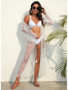 Swim Vcay Floral Lace Kimono Cover-Up, Long Sleeve Maxi, Open-Front With Tassel Drawstring - trắng - Xem 6