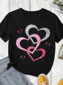 Camiseta con Estampado de Corazones para el Día de San Valentín, Corazones Rosa y Plateado con Brillo, Ropa Casual Blanca para Mujer, Primavera Verano - Negro - Ver 3