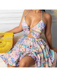 Vestido pastel de cuello V halter con calados elegantes y sensuales, estilo europeo americano primavera 2026. - Rosa - Ver 2