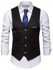 4-Button New Suit Vest For Men, Groomsmen Formal Attire, Business Casual Lightweight Waistcoat, Korean Style - Black - View 1
