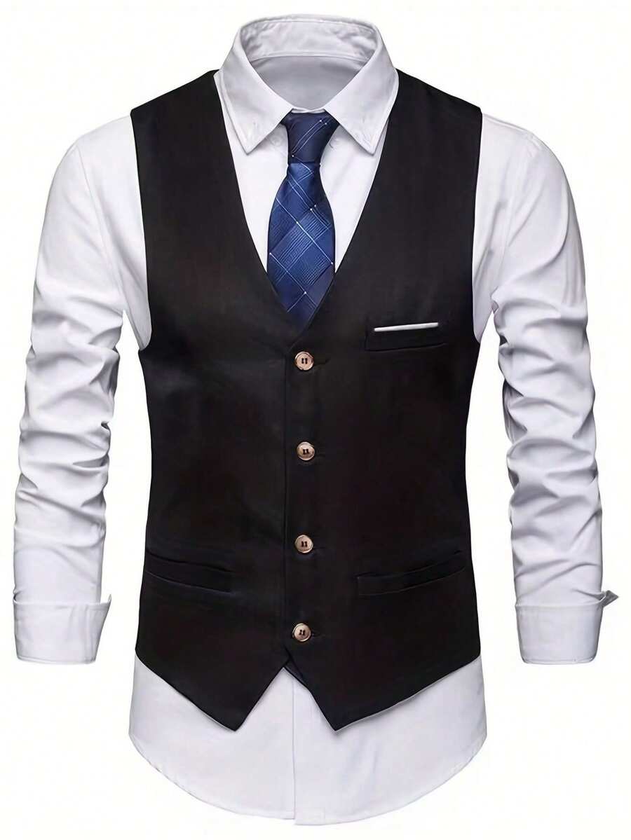 4-Button New Suit Vest For Men, Groomsmen Formal Attire, Business Casual Lightweight Waistcoat, Korean Style - Black - View 1