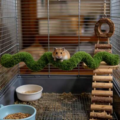 Trang trí đường hầm cho chuột hamster, đường hầm leo trèo cho chuột hamster và sóc bay, cầu nối bằng thanh gỗ, xích đu cho vẹt, khung đường hầm có thể uốn cong, phù hợp với nhiều loại vẹt nhỏ và thú cưng leo trèo nhỏ, được làm từ sợi polyester.