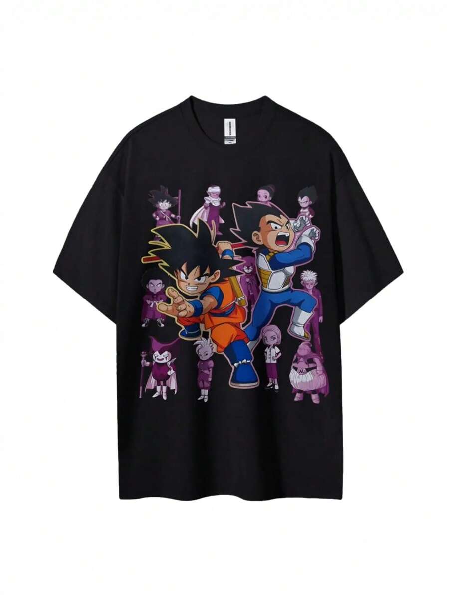 Camiseta Casual de Cuello Redondo Holgada con Estampado de Personajes de   y  Versión Q, Verano 2026 playeras de hombre playeras oversize de mujer y2k camisa de mujer camisa blusa casual mujer blusa elegante mujer ofertas - Negro - Ver 1