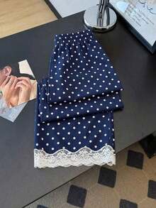 Pantalones rectos sueltos con cintura elástica, estampado de lunares y parches de encaje, adecuados para uso diario.Pantalones de lunares, pantalones con ribete de encaje, pantalones blanco y negro, pantalones de lunares blanco y negro para mujer - Azul - Ver 1