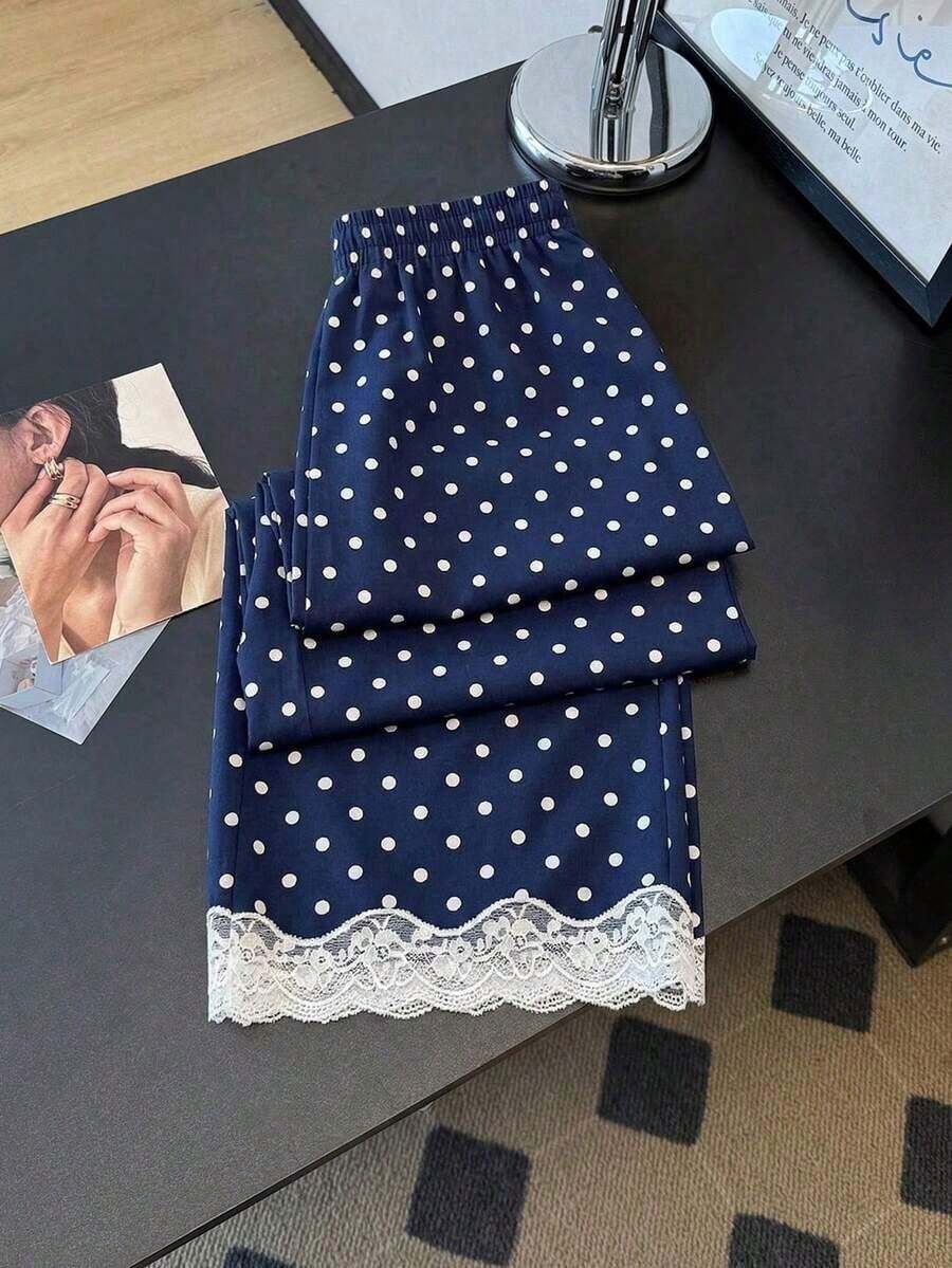 Pantalones rectos sueltos con cintura elástica, estampado de lunares y parches de encaje, adecuados para uso diario.Pantalones de lunares, pantalones con ribete de encaje, pantalones blanco y negro, pantalones de lunares blanco y negro para mujer - Azul - Ver 1
