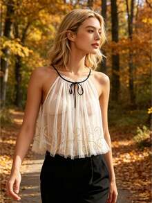 Women's Sheer Pleated Tulle Camisole Ruffled Neckline Spaghetti Strap Tank Tops With Sequins Heart Hem - White - View 1