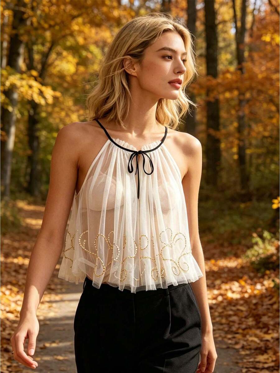 Women's Sheer Pleated Tulle Camisole Ruffled Neckline Spaghetti Strap Tank Tops With Sequins Heart Hem - White - View 1