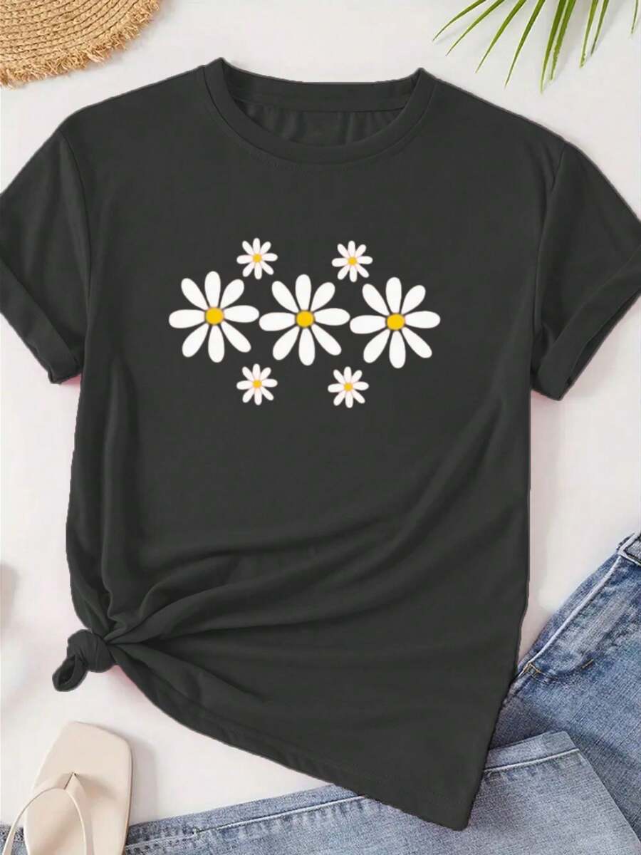 Women's T-Shirt, Printed T-Shirt, Casual Short-Sleeved Round Neck Top, Summer Clothes For Women, Tops For Women. - 黑色 - 查看 1