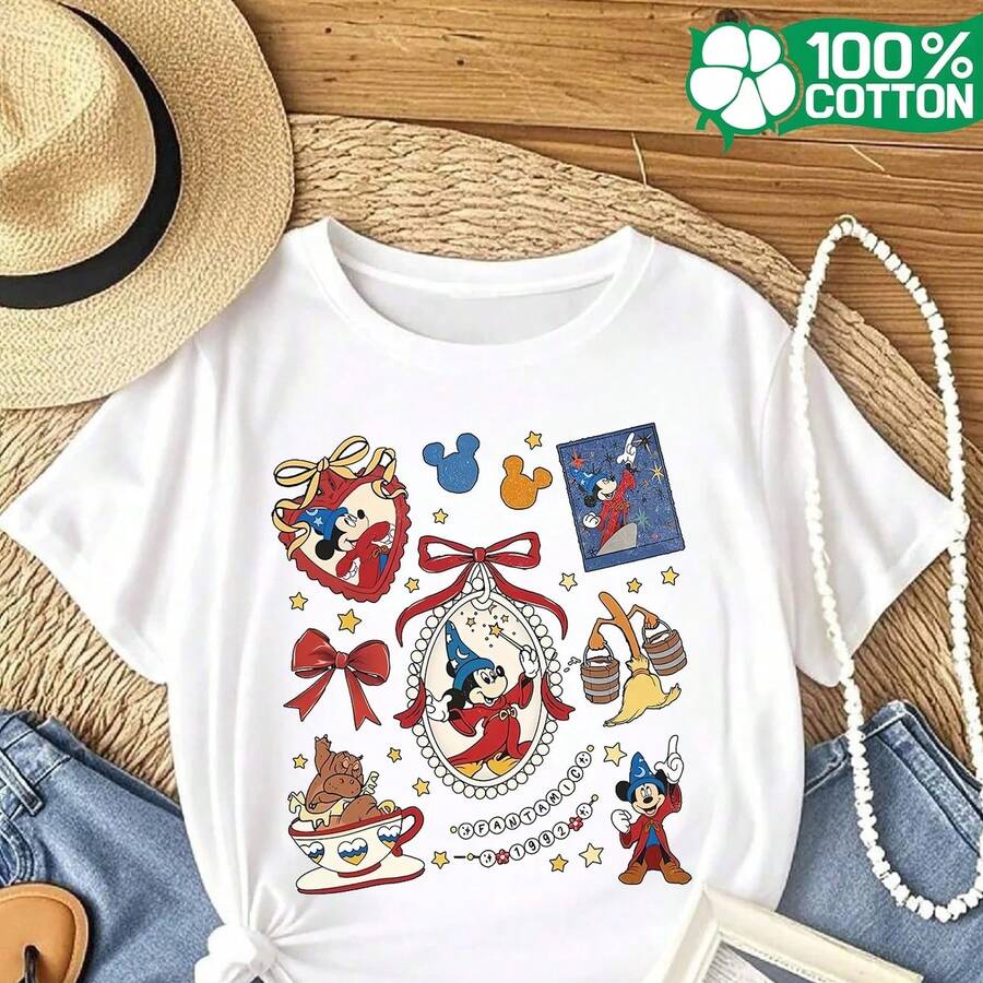 Women's Casual Short-Sleeved T-Shirt With A Round Neck And Wizard Print, 220g, Made Of Pure Cotton. Thick, Wrinkle-Resistant Fabric That Won't Easily Lose Its Shape. Simple And Versatile Style, Lightweight And Breathable, Perfect For Work, Travel, Camping, Shopping, And Everyday Leisure. - 白色 - 查看 1