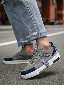 Sepatu Sneakers Kasual Low-Top Gaya Jalanan Pria dengan Motif Acak yang Dipersonalisasi, Sepatu Santai Luar Ruangan Retro Minimalis Patchwork untuk Remaja, Cocok untuk Semua Musim - abu-abu biru - View 9