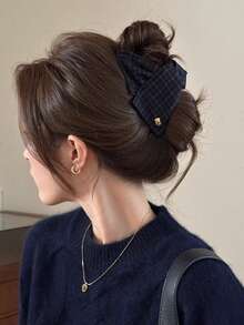 1 pieza Pinza de pelo triangular a cuadros azul marino, pinza de pelo de alta gama para mujeres con cabello grueso, accesorios de pelo de verano - Azul Marino - Ver 2