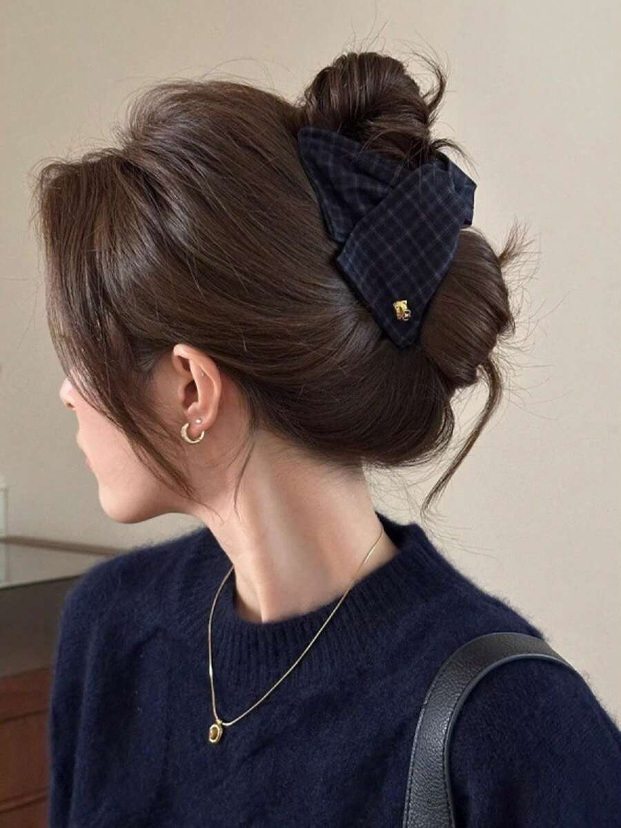 1 pieza Pinza de pelo triangular a cuadros azul marino, pinza de pelo de alta gama para mujeres con cabello grueso, accesorios de pelo de verano