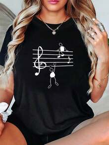 Camiseta de manga corta para mujer, de cuello redondo, estilo primavera-verano, con un estampado de partituras de un festival de música, adecuada para compras informales, regalos de festivales, reuniones de amigos, fiestas de música y ropa de vacaciones. ropa de calor mujer - Negro - Ver 1