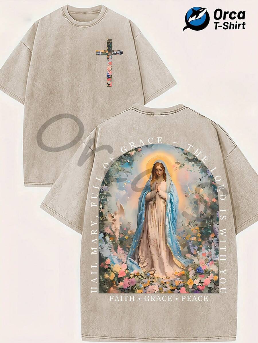 Washed Cotton T-Shirt With A Floral Print Of The Virgin Mary And The Hail Mary, Urban Style, By The Brand Orca. Suitable For Casual Wear, Outdoor Activities, Parties, Vacations, Gifts, And Other Occasions. - 杏色 - 查看 1