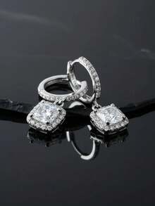 1 Pair 925 Sterling Silver Princess Cut Cubic Zirconia Hoop Earrings For Women, Luxury Elegant Wedding & Engagement Jewelry, Anniversary Gift For Her - Bạc - Xem 7