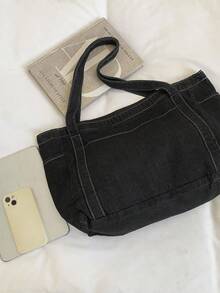 1 buah Tas Tote Kanvas Biru Berkualitas Tinggi, Tas Kapasitas Besar untuk Perjalanan/Kerja/Belanja, Tas Bahu Minimalis Serbaguna untuk Wanita - Hitam - View 4