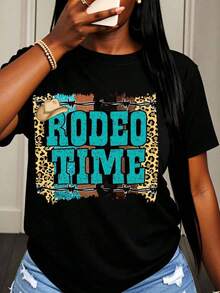 Camiseta de Algodón para Mujer con Estampado de Leopardo y Diseño de Sombrero de Vaquero, Estilo Vaquera del Oeste, para Rodeo, Festivales Campestres, Fiestas y Eventos de Rodeo - Negro - Ver 7