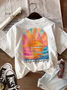 GiftPatrón estampado a doble cara [Impresión a doble cara] Nueva camiseta casual de primavera/verano para mujer con diseño de brisa marina y atardecer, camiseta de manga corta con cuello redondo - Camiseta unisex de algodón holgada de estilo vintage urbano con cuello redondo y manga corta. Suave - Blanco - Ver 3