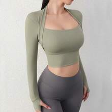 Cloud Hide Camiseta de Yoga para Mujer, Manga Larga, Top Corto, Blusa Deportiva para Gimnasio, Camiseta de Fitness, Ropa Deportiva para Entrenamiento, Ropa de Otoño Invierno - Verde militar - Ver 13
