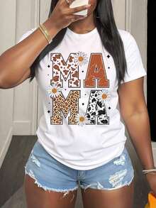 Camiseta de Cuello Redondo para Mujer con Estampado de Leopardo y Margaritas, Manga Corta para Salidas Casuales de Verano - Blanco - Ver 6