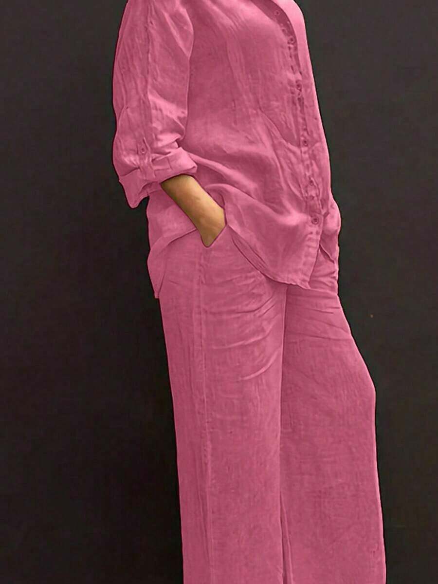 Cardigan casual con cuello polo ligero, blusa elegante de unicolor versátil adecuada para la playa, el diario, el trabajo, las compras, de tela suave, pantalones sueltos con cintura elástica, conjunto de 2 piezas, primavera/verano/otoño - Rosa Fucsia - Ver 1