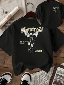 Image Of A Winged Angel Symbolizing The Salvation Of The Soul With Gothic Lettering Evoking Spiritual Power And Celestial Energy. Modern And Comfortable Double-Sided Women's T-Shirt For Casual Wear - 黑色 - 查看 8