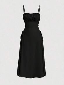 Vestido de tirantes unicolor pecho con fruncido con cordón lateral - Negro - Ver 1