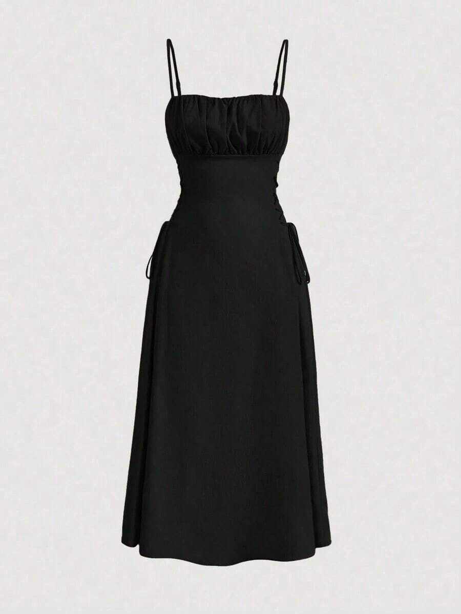 Vestido de tirantes unicolor pecho con fruncido con cordón lateral - Negro - Ver 1