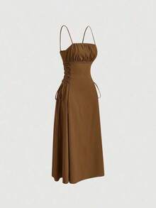MOD Vestido de mujer con tirantes en X de un solo color - Marrón - Ver 4