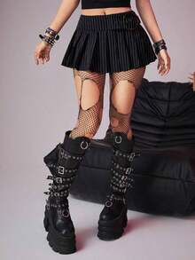 Grunge Punk Falda mini ultrasilta plisada con detalles metálicos a rayas, escuela - Blanco y Negro - Ver 3