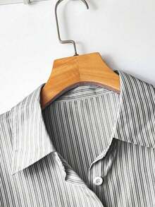 Camisa de mujer de un solo pecho a rayas, versátil y casual para uso diario - Gris - Ver 3