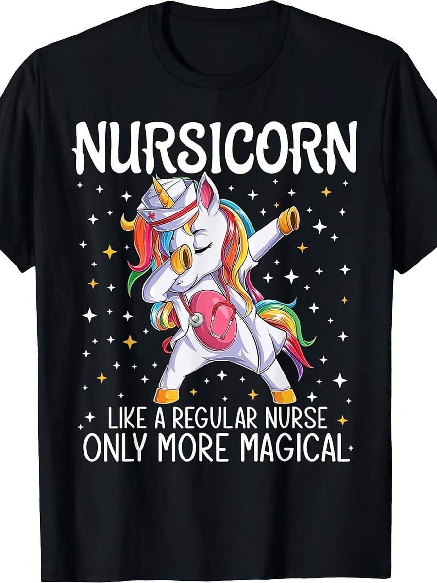 Camiseta Divertida de Enfermera Unicornio "Nurse Corner" - Regalo para empleados CNA RN, camiseta unisex suave y transpirable de manga corta, disponible en negro, tallas S-XXXL, top casual y cómodo de manga corta, camiseta elegante adecuada para fiestas. - Negro - Ver 1