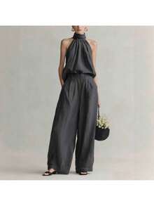 Conjunto elegante para mujer primavera-verano 2026, blusa sin mangas de cuello redondo y pantalones formales - Grafito - Ver 2