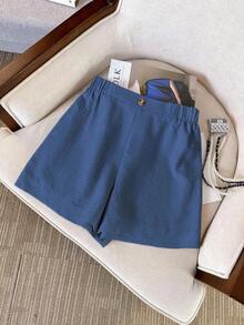 2 piezas Conjunto casual de mujer con chaleco de un solo abotonado y pantalones cortos de unicolor - Azul - Ver 3