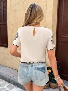 Blusa de manga corta con estampado floral y borde con volantes, estilo de vacaciones de verano para mujer - Multicolor - Ver 2