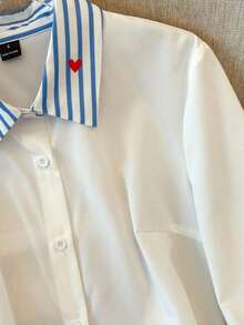 Camisa de efecto de mezclilla de parchwork casual para mujer, otoño/invierno - Blanco 2 - Ver 7