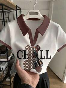 Blusa casual de mujer con cuello polo a rayas y manga corta - Blanco y Negro 5 - Ver 1