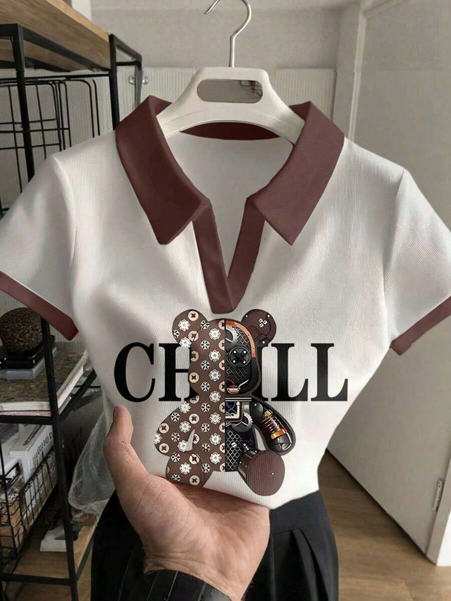Blusa casual de mujer con cuello polo a rayas y manga corta - Blanco y Negro 5 - Ver 1