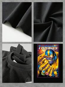 La imagen muestra a un poderoso personaje galáctico que sostiene un guante con gemas de colores simbolizando fuerza y control del universo con un fondo cósmico brillante camisetas de mujer  cómoda y moderna para uso diario - Negro - Ver 4