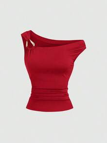 Set de 2 camisetas ajustadas con cuello asimétrico, versátil top casual, primavera/verano - Multicolor 10 - Ver 4