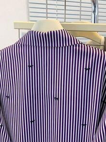 Camisa de manga larga con estampado a rayas y lazo, con botones delanteros, cuello de camisa, top casual, adecuado para primavera, otoño e invierno en color rosa - Morado - Ver 8