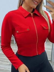 Blusa de manga larga con cuello, ajustada y con cremallera, con decoración metálica, de estilo sexy para mujeres - Rojo - Ver 3