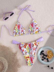Swim Mod Conjunto de bikini de dos piezas con estampado de frutas y verduras en todo el diseño, con escote halter y lazos, para vacaciones de verano - Multicolor 8 - Ver 5